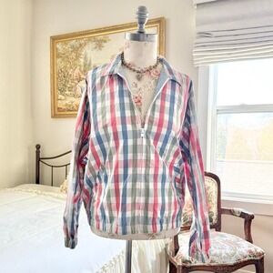 90s red blue green plaid zip front jacket Koret size large petite